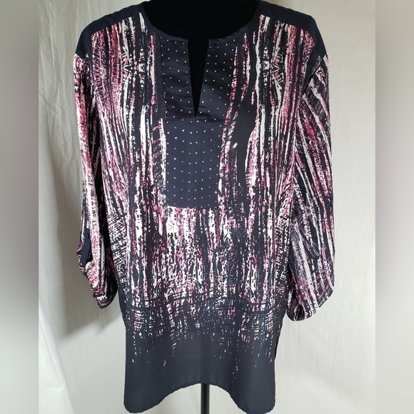 Valerie Stevens Navy and Pink VNeck Blouse Sz XL - Picture 3 of 10